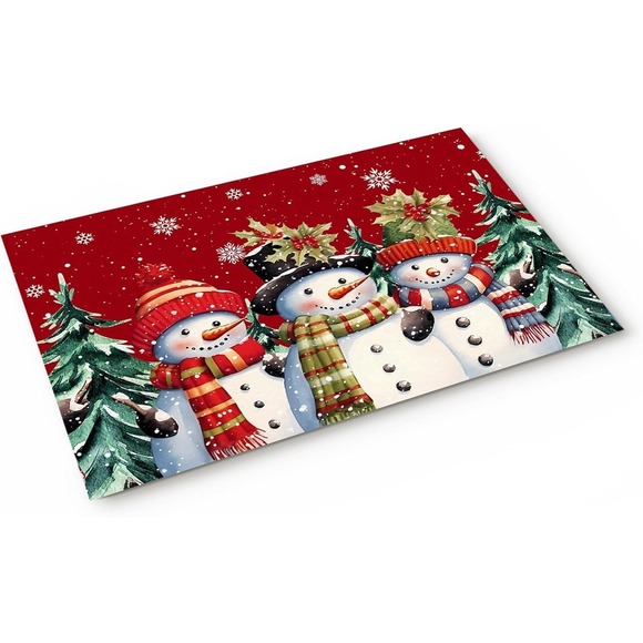 Christmas Indoor Doormat Front Door Mat, Red Snowman Snowflake Xmas Tree - Picture 1 of 4